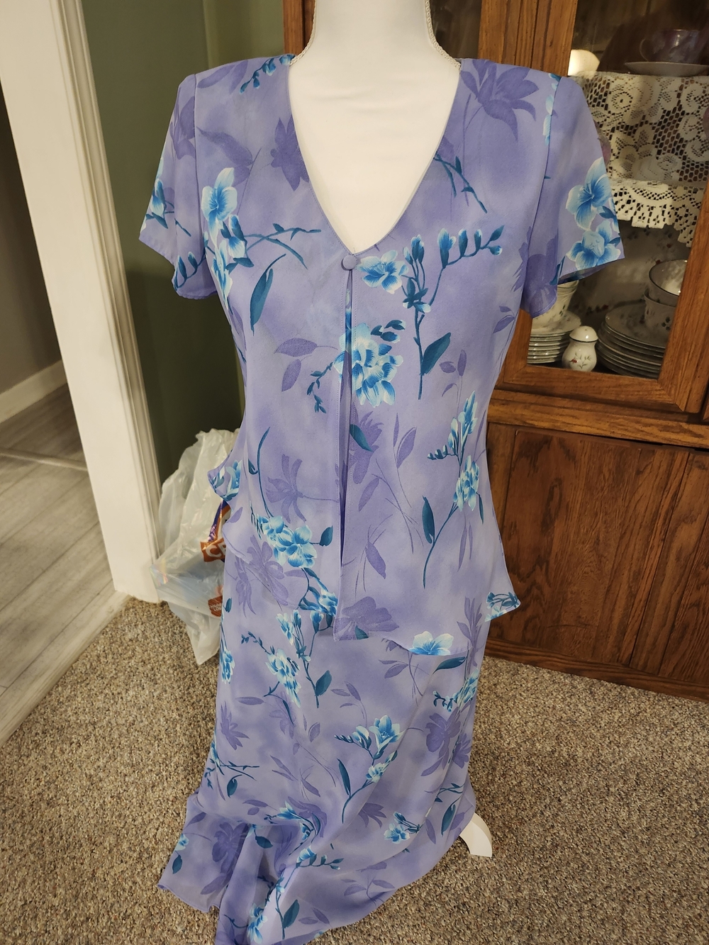 Lavender Floral Midi Dress with Blue Accents